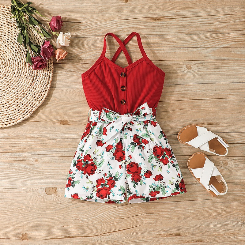 Body bé gái đồ từ 4 đến 7 Tuổi bodysuit liền thân Hồng Dễ Thương mùa hè hai dây In hoa quần áo cho bé trẻ em