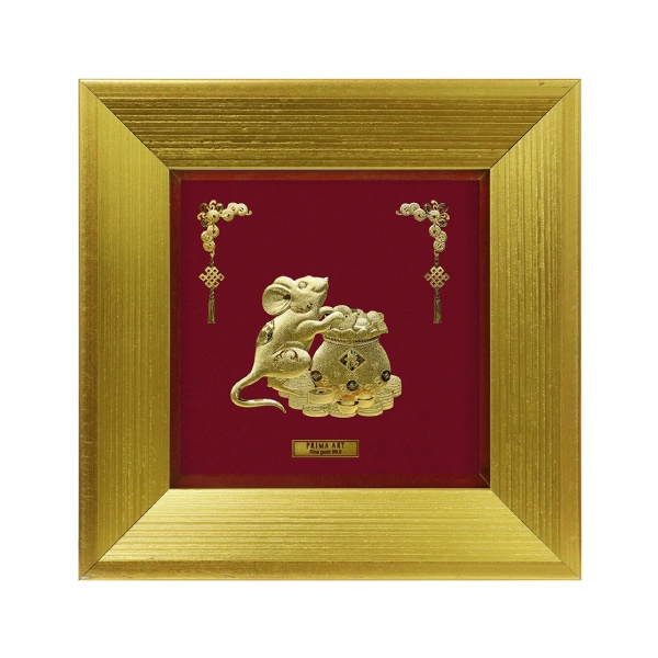 Tranh Vàng 24K PRIMA ART chuột và túi tiền vàng tài lộc - Kích thước 18 x 18 cm - CGS-0716-03