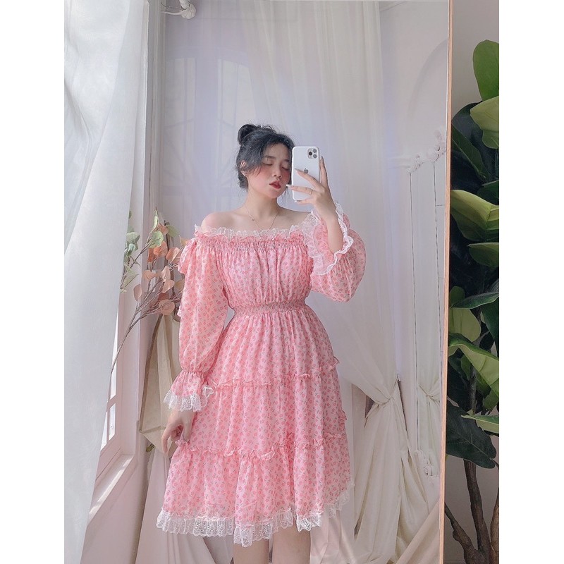 ĐẦM RỚT VAI HOA HỒNG NƠ