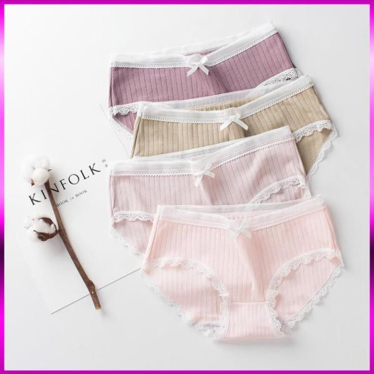 Quần lót cotton quần lót nữ gân tăm viền phối nơ cạp lưới