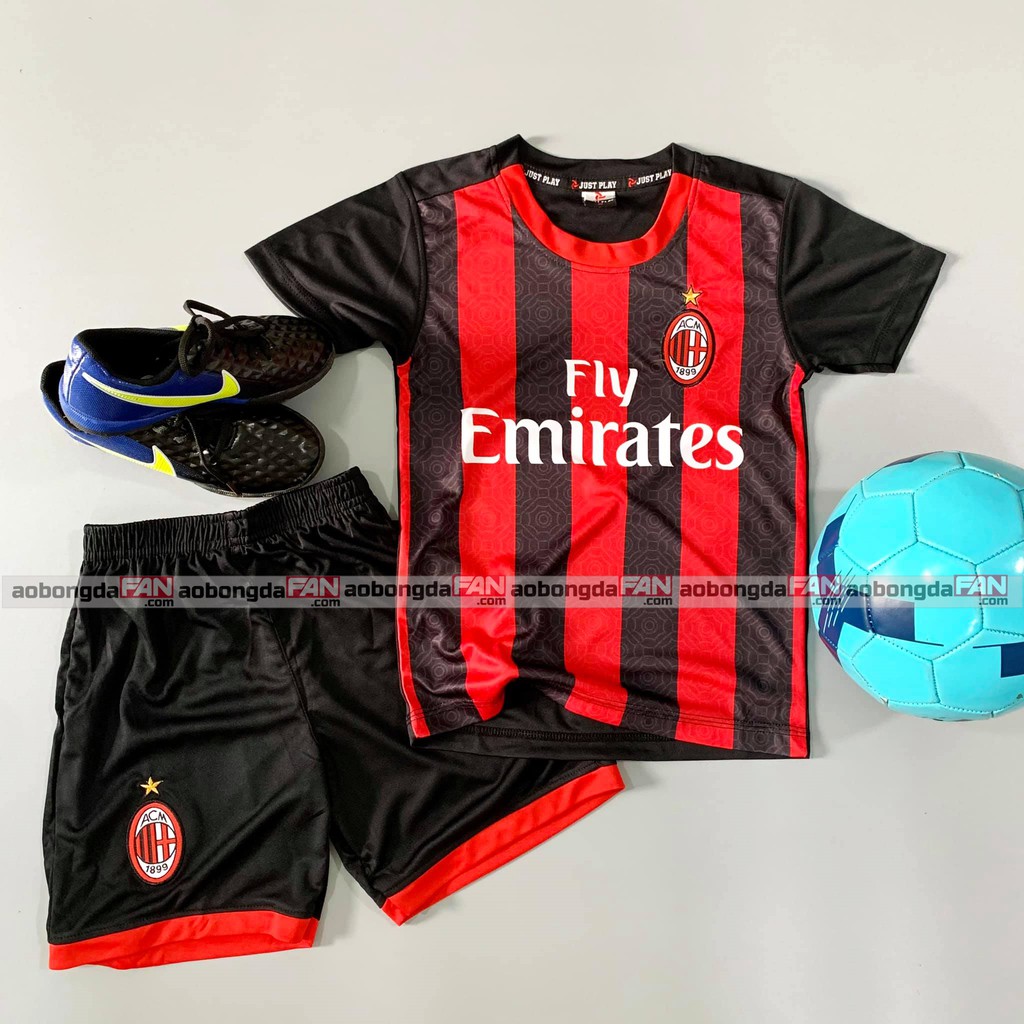 Áo Bóng Đá Trẻ Em Ac Milan Sọc Đỏ Đen 2022 Mới Nhất - Áo Đá Banh Trẻ Em Có In Tên Số