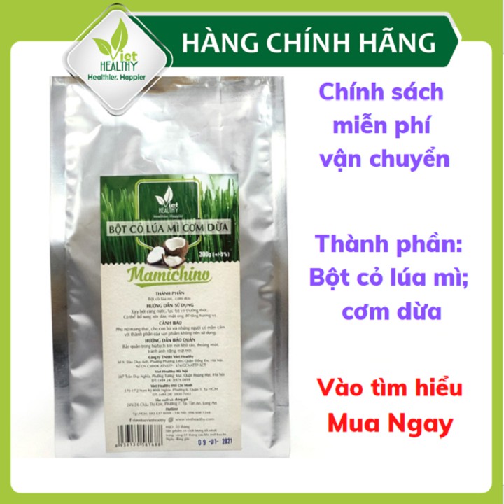 Bột cỏ lúa mì cơm dừa Mamichino 300g Viet Healthy, thành phần gồm: bột cỏ lúa mì, cơm dừa Viethealthy