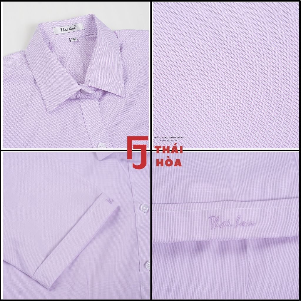 Áo sơ mi nữ công sở tay ngắn kẻ tăm đẹp màu tìm caro chìm cotton Thái Hoà N631-11-01