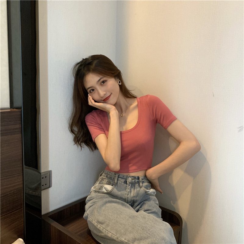 Áo thun COZOKC tay ngắn dáng ôm màu trơn đơn giản phong cách Hàn Quốc thời trang cho nữ