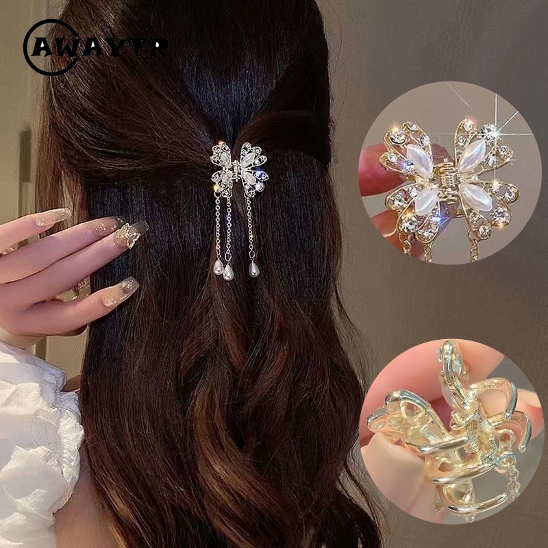 Kẹp Tóc Tua Rua Hình Hoa / Bướm Đính Ngọc Trai Pha Lê Phong Cách Hàn Quốc Chất Lượng Cao Cho Nữ