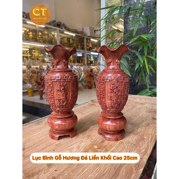 Cặp Lục Bình Gỗ Hương Đá Liền Khối - Chạm Tứ Quý Sắc Nét - Cao 25-40cm