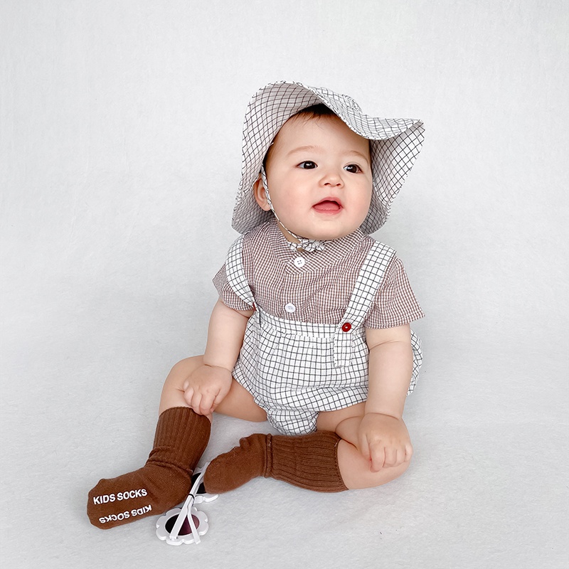 Set áo sơ mi mũ và quần yếm họa tiết kẻ sọc xinh xắn dành cho bé trai sơ sinh