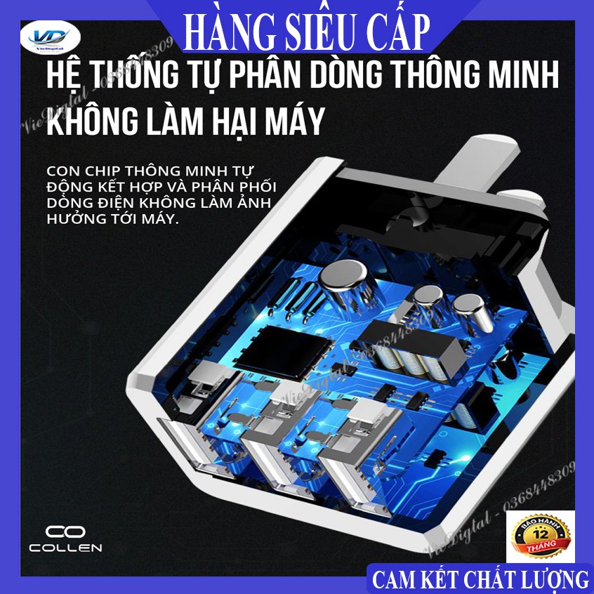 Củ Sạc Nhanh 3.4A 3 Cổng 3 Chân Cắm USB Collen Đa Năng Cho Điện Thoại [bảo hành 6 tháng, lỗi 1 đổi 1 trong 30 ngày]