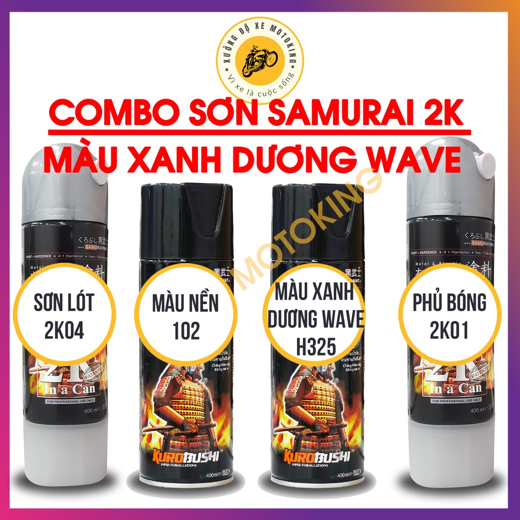 Combo Sơn Samurai màu xanh dương Wave H325 loại 2K chuẩn quy trình độ bền 5 năm gồm 4 chai 2K04 - 102 - h325 - 2K01