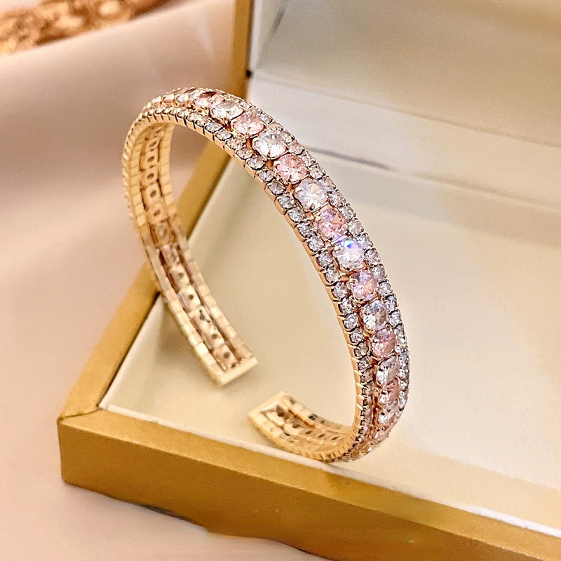 Vòng Tay Hở Đính Đá Zircon Màu Hồng Kiểu Dáng Hình Học Thời Trang