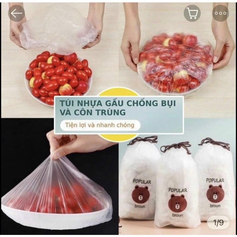 Set 100 Màng Bọc Thực Phẩm Có Chun Co Dãn Tái Sử Dụng Kèm Túi Đựng Hình Gấu.