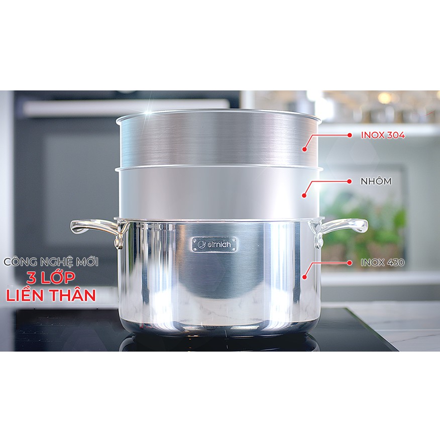 Nồi luộc gà Inox 3 lớp cao cấp đáy liền Emich Tri-max XS EL-3750 đướng kính 28cm - Hàng chính hãng, bảo hành 36 tháng