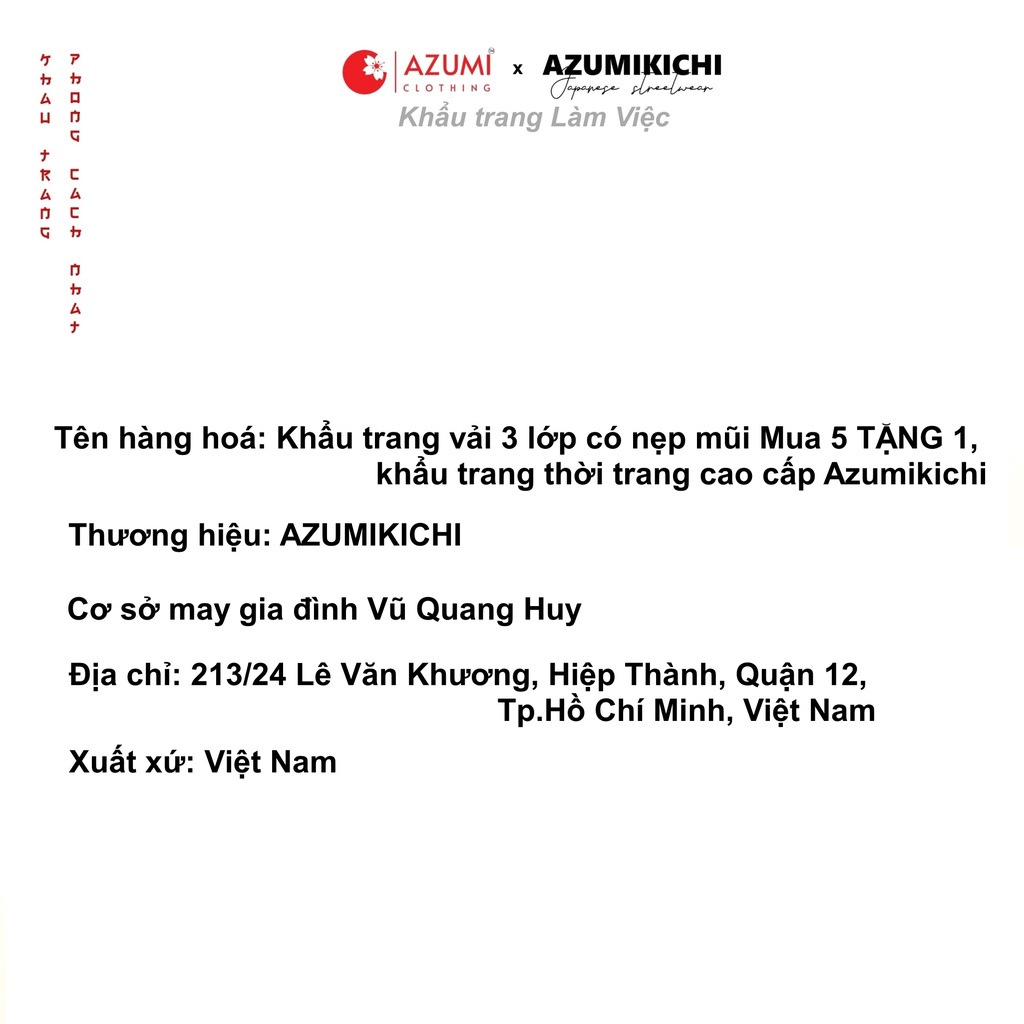 Khẩu trang vải 3 lớp có nẹp mũi Mua 5 TẶNG 1, khẩu trang thời trang cao cấp Azumikichi