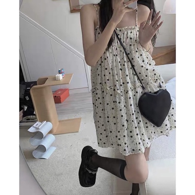 Đầm 2 Dây Hoa Nhí Đen Ngực Bèo Nữ 🌸 Váy Nữ Dáng Ngắn Chất Voan 🌸