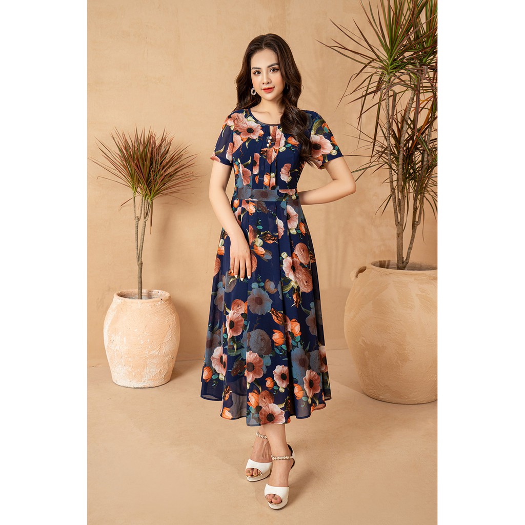 Đầm trung niên hàng thiết kế dự tiệc LYBEE dáng xòe von tơ cao cấp 630