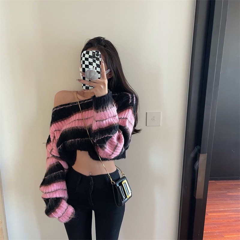 Áo Sweater Tay Dài Trễ Vai Hoạ Tiết Kẻ Sọc Thời Trang Mùa Thu Cho Phái Nữ