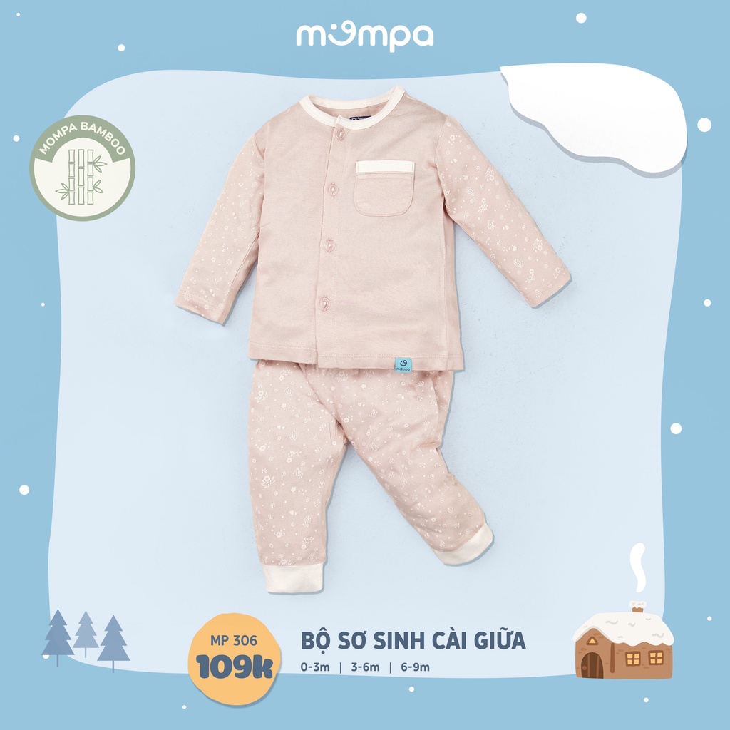 Bộ quần áo sơ sinh dài tay Mompa cúc giữa cổ tròn vải sợi tre mềm mát co giãn cho bé 0-9 tháng