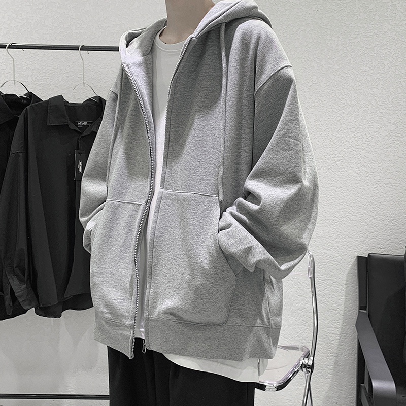 Áo Khoác Hoodie Tay Dài Dáng Rộng Màu Sắc Đơn Giản Phong Cách Hồng Kông Thời Trang Cho Nam