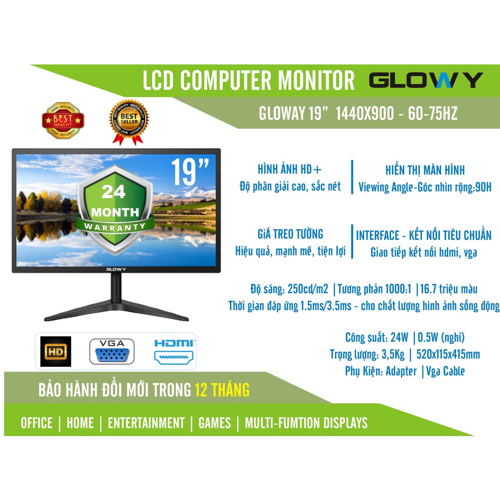 [Siêu nét] Màn hình LCD Gloway 19 icnh - Full HD - Chính hãng bảo hành 12 tháng!
