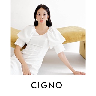 CIGNO-đầm cổ V tay phồng ôm eo cổ điển LINIE Dress