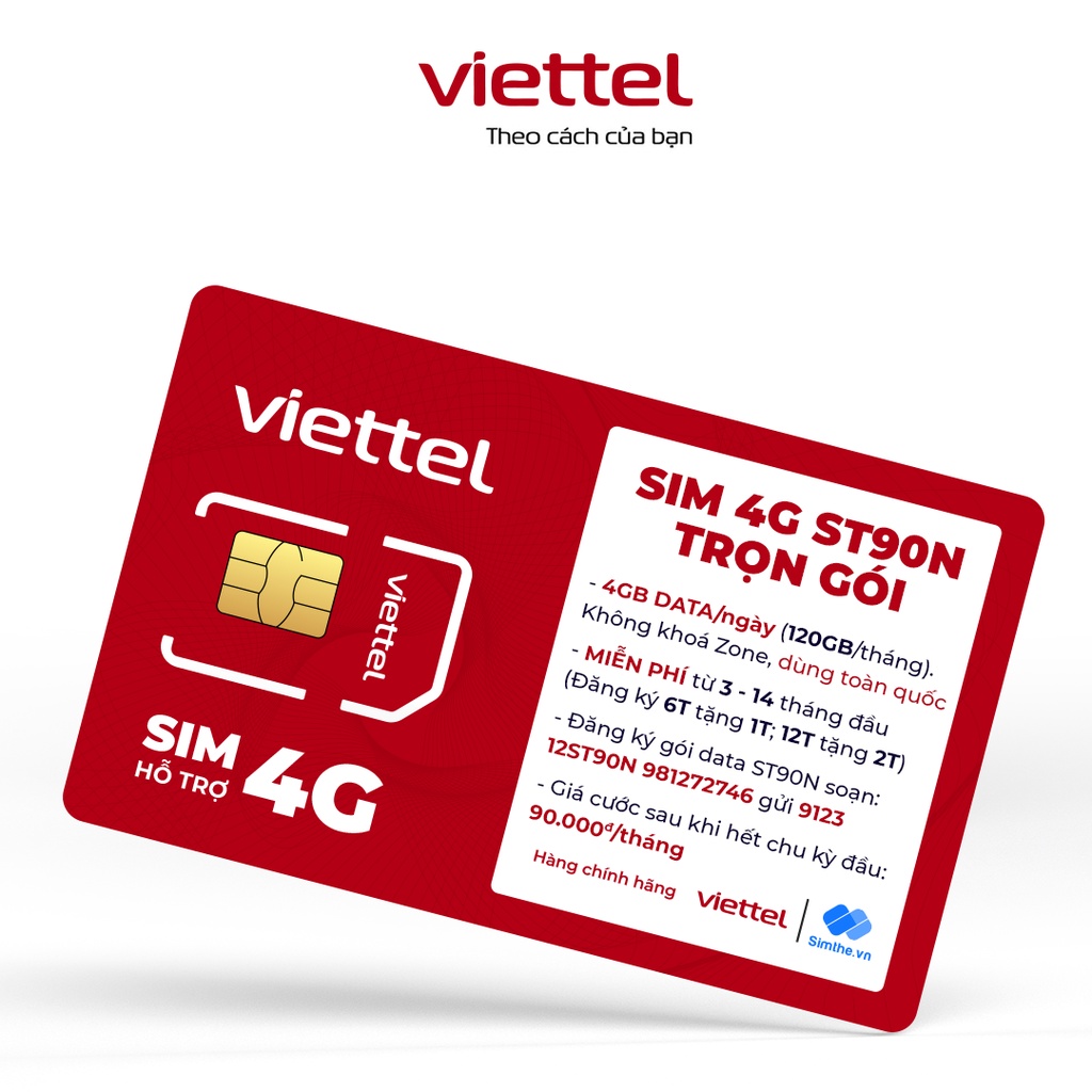 [FREE 14 Tháng] Sim Viettel 4G ST90N Data 4GB/Ngày (120GB/Tháng) Max Băng Thông Toàn Quốc - Trọn Gói Không Cần Nạp Tiền