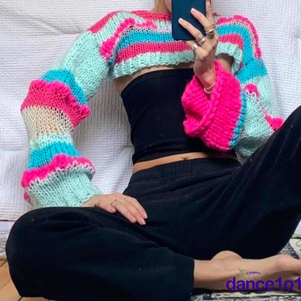 Áo Dệt Kim Tay Dài Họa Tiết Kẻ Sọc Màu Tương Phản Thời Trang Cho Nữ 1O1-