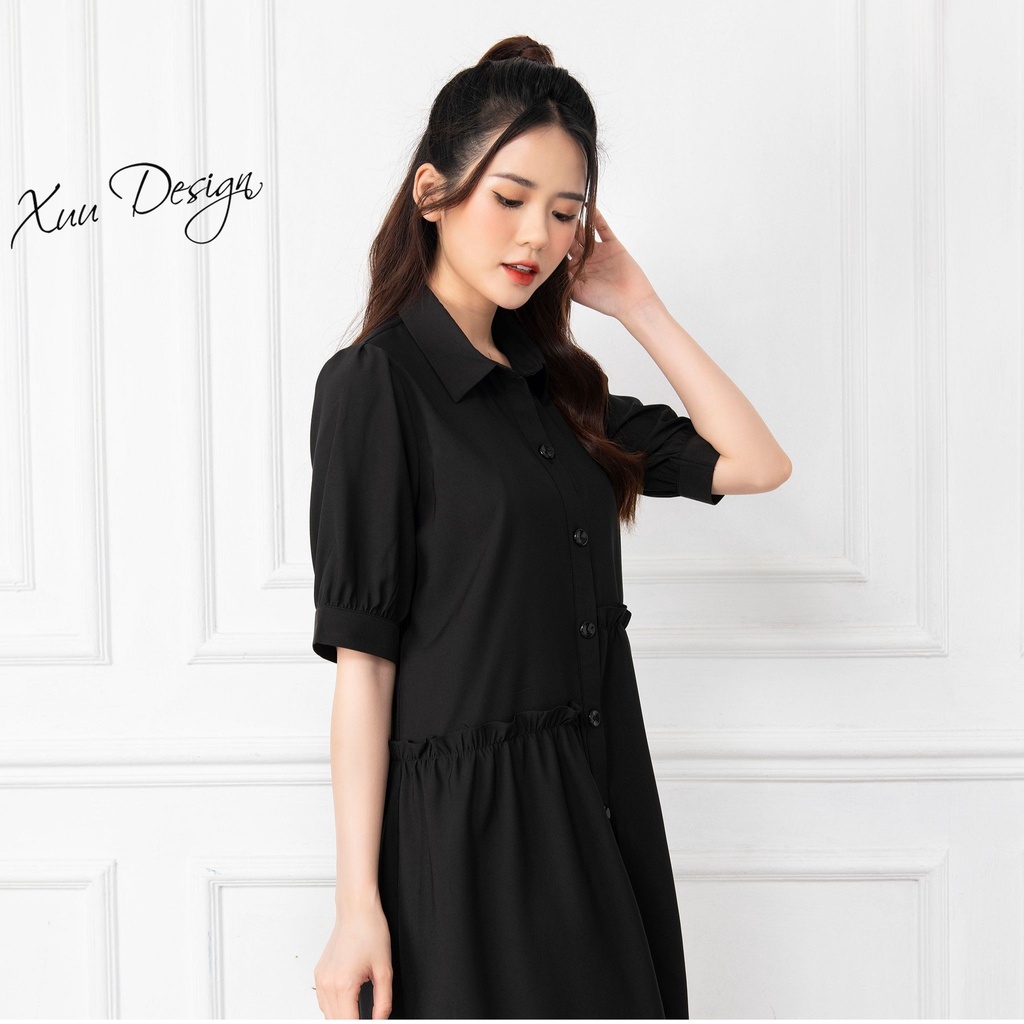 Váy suông phối bèo babydoll XUU cổ sơ mi, chất liệu tơ Xuu Design V02