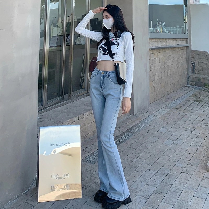 Quần Jeans Nữ Ống Loe Màu Xanh Nhạt Đậm Chất Co Dãn Có Túi Cạp Cao Cá Tính Sành Điệu Phong Cách Hàn Quốc Loại 1