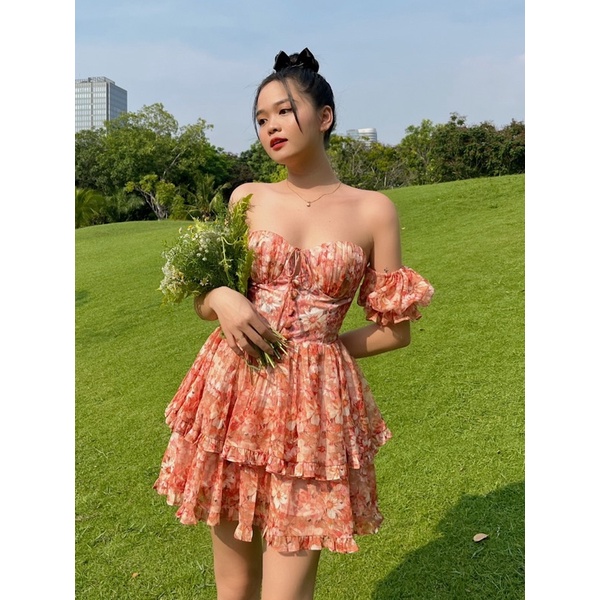 Matilda dress - Đầm hoa ngắn xoè tầng cúp ngực tay phồng - Somalyng.studio