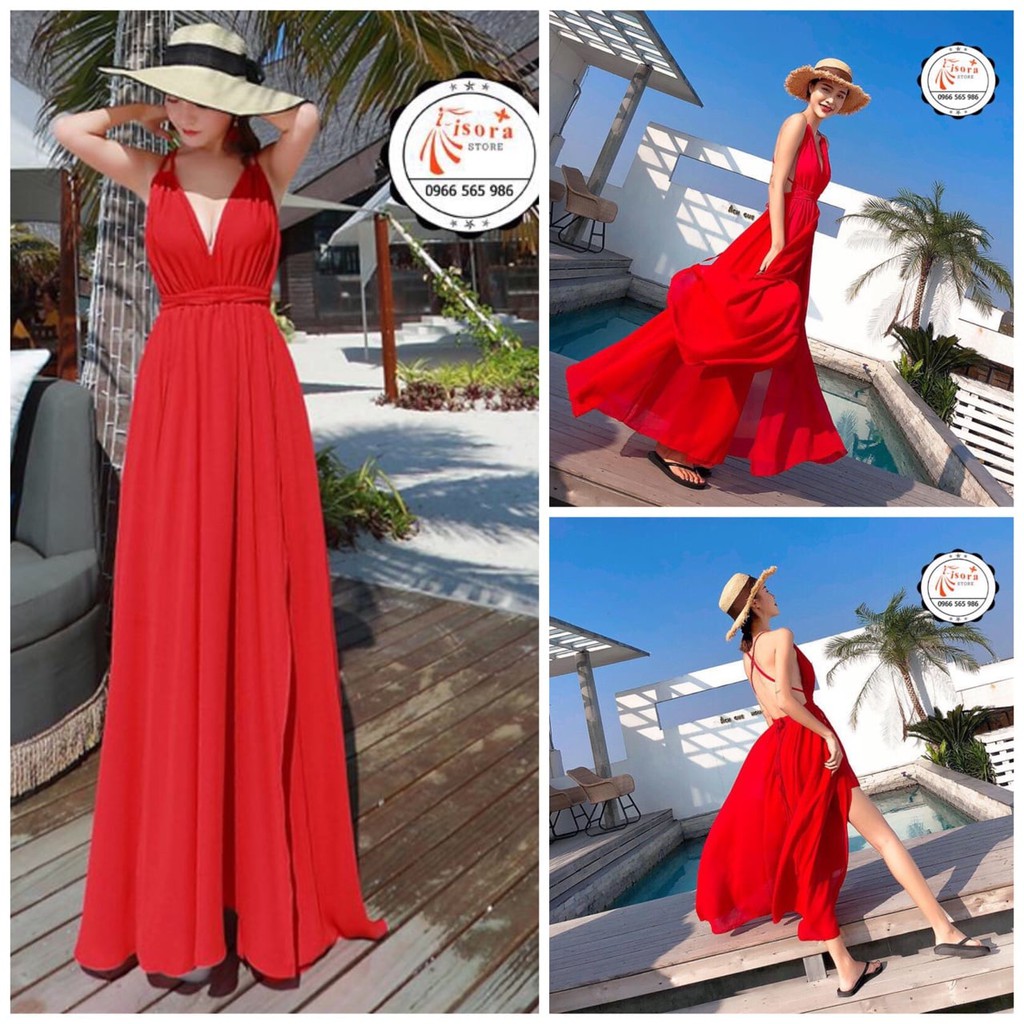 Váy Maxi Đi Biển Đỏ Hở Lưng Xẻ Tà QCCC - Đầm Maxi ISORA S-L