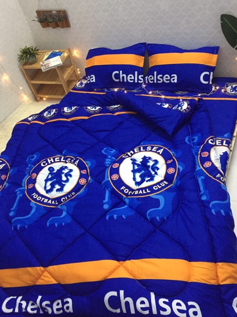 Bộ Chăn Ga Gối Cottong Poly Chần Phao 5 Món - Chelsea Xanh