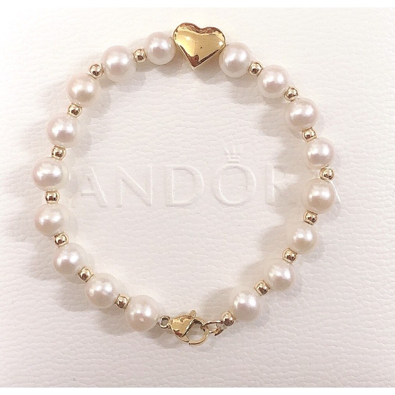 Vòng tay hạt ngọc trai nhân tạo 6-7ly mix charm trái tim