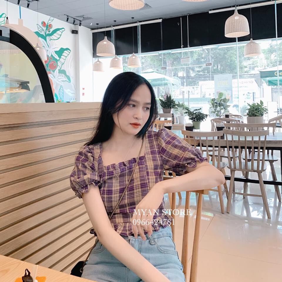 ÁO SƠ MI KẺ TÍM CỔ VUÔNG BÈO