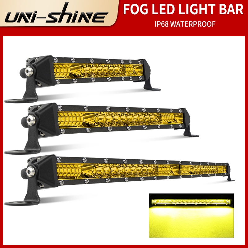 UNI-SHINE 7 inch 10 inch 20 inch hàng đơn Thanh ánh sáng LED mỏng 3000K Điểm lũ lụt màu vàng Thanh ánh sáng xe tải offroad cho ô tô ATV UTV Fog