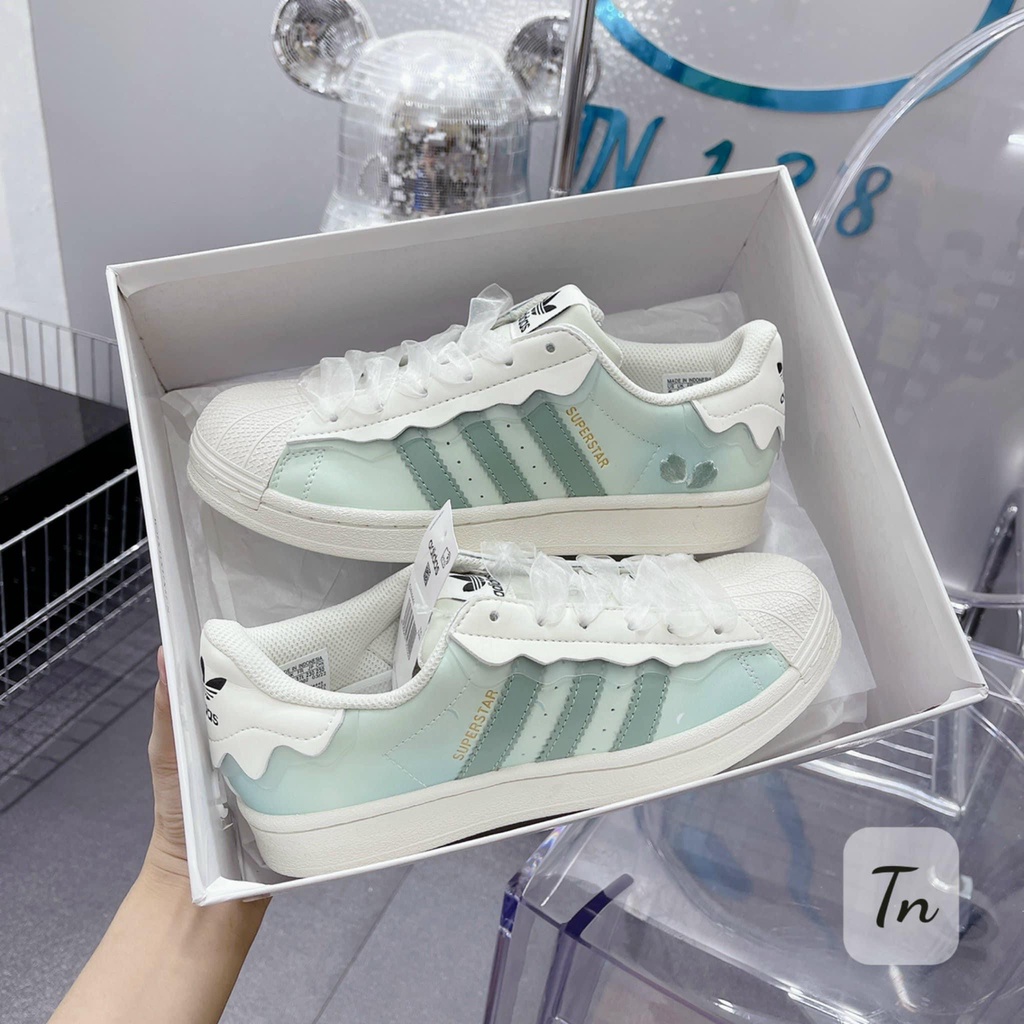 Giày thể thao adidas superstar hồng kem, xanh kem bản đẹp cho nữ 2022 dây hồng full box bill