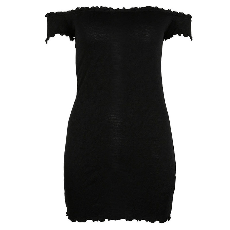 Đầm Ngắn Tay Trễ Vai Phối Bèo Màu Sắc Trơn Quyến Rũ