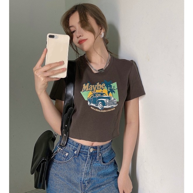WANG JIAO ZHAN Áo thun croptop WANGJIAOZHAN tay ngắn dáng rộng in hình phong cách Hàn Quốc