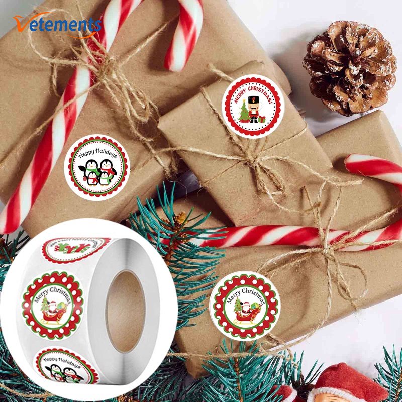 Bộ 500 Miếng Dán Hình Tròn Họa Tiết Chim Cánh Cụt / Ông Già Noel Dễ Thương Trang Trí Giáng Sinh DIY