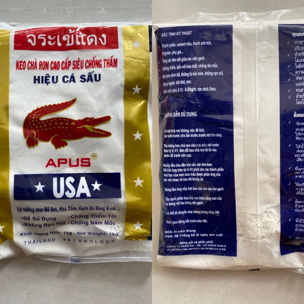 Keo chà ron cao cấp siêu chống thấm hiệu cá sấu loại 1kg, kèm miếng nhựa trét (quét) keo, bột chà ron, xi măng trắng