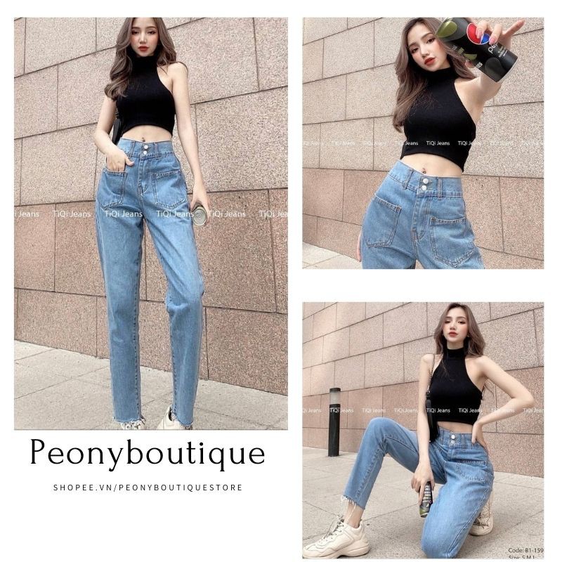 Quần Bò Suông Phối Túi Ngược Nữ 🌺 Baggy jeans cạp cao hai khuy trước thiết kế độc đâó, cá tính 🌺