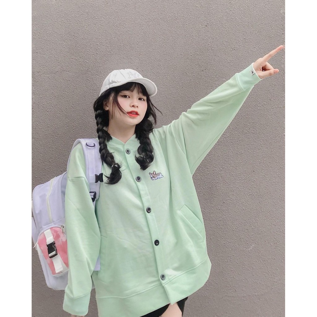 Áo Khoác Cardigan Nỉ Nữ Cổ Tròn Thêu Hình Chó LAZY PUPPY Khoác Ngoài Đẹp Giá Tốt