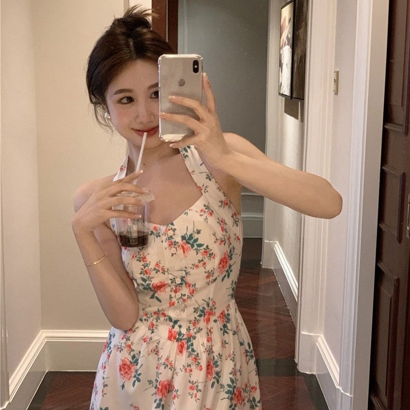 Đầm Dài Cổ Yếm In Hoa Kiểu Pháp Thời Trang Mùa Hè Quyến Rũ Cho Nữ