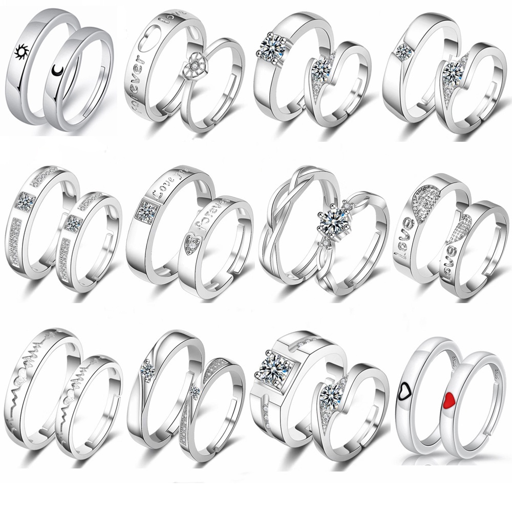 1 cặp nhẫn đôi mạ bạc hình trái tim có thể điều chỉnh kích thước cho nam nữ