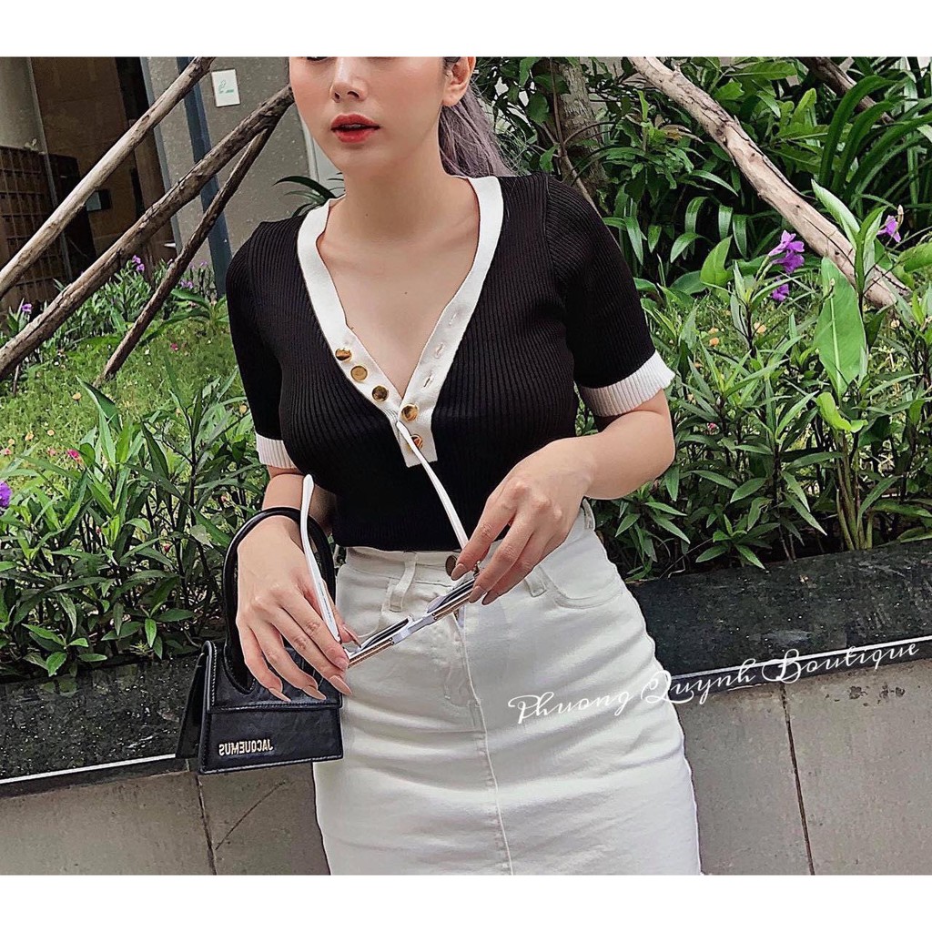 G02. 308. ÁO LEN TAY NGẮN CỔ TIM KHUY | BigBuy360 - bigbuy360.vn