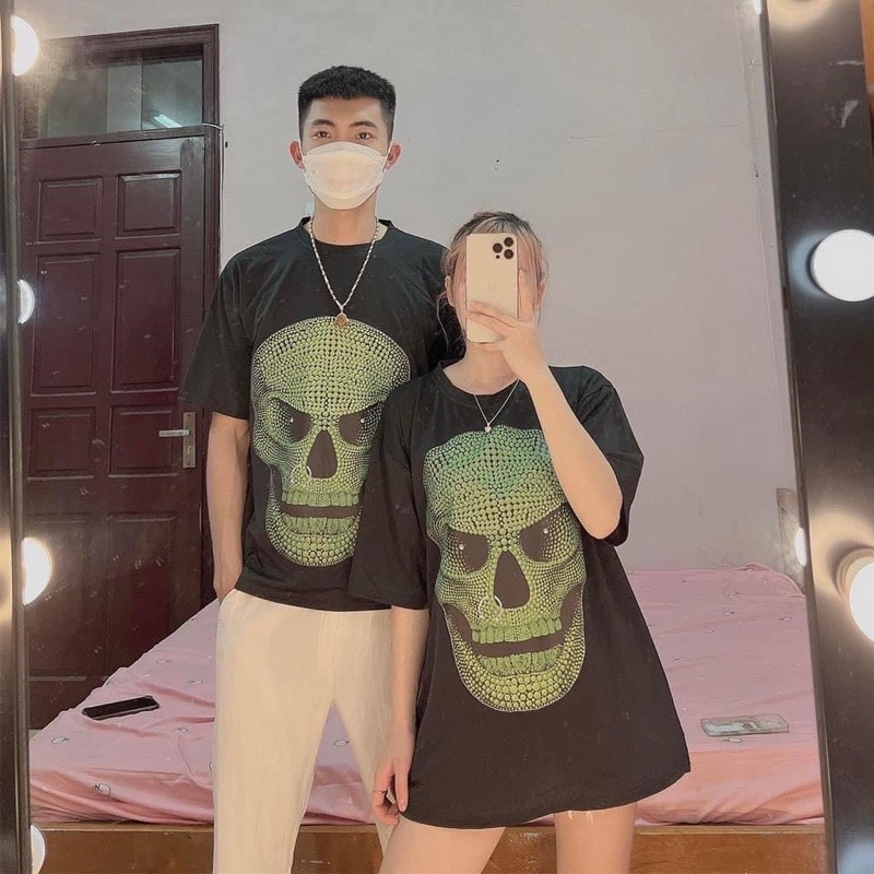 Áo Phông Nam Nữ Unisex Hình Đầu Lâu Xanh,Áo Thun Vintage 3158 Sọ Ma Ulzzang Hot