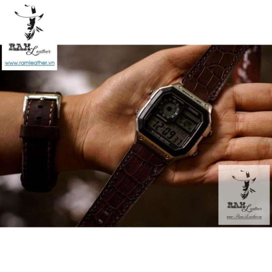 (MUA 1 ĐƯỢC 5)DÂY ĐỒNG HỒ CASIO DA BÒ THẬT RAM 1928 DA BÒ DẬP VÂN CÁ SẤU . *