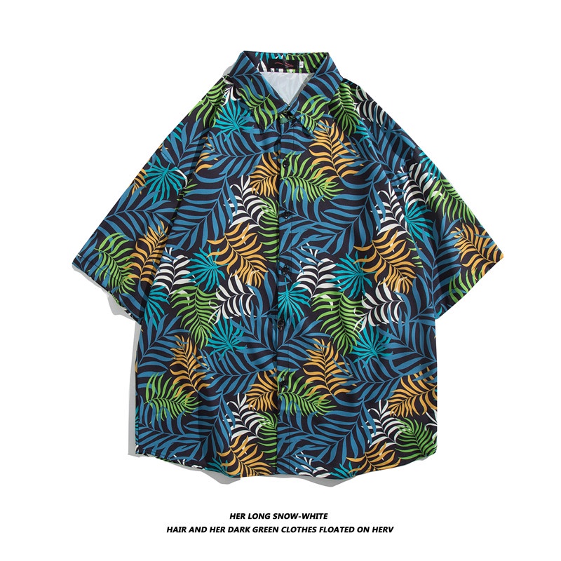 Áo Sơ Mi Ngắn Tay In Họa Tiết Lá Cây Phong Cách Hàn Quốc Mới Cho Nam