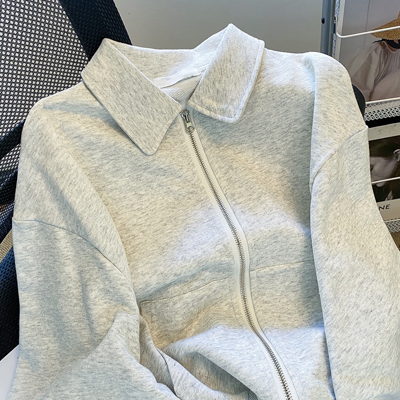 Áo cardigan ZHELIHANGFEI tay dài cổ polo lưng cao theo phong cách retro mỹ dễ phối đồ