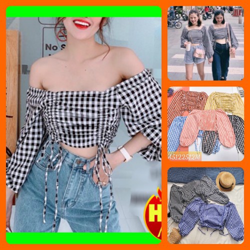 Áo kiểu croptop kate caro cổ rộng rút dây HÌNH THẬT TRẢI SÀN