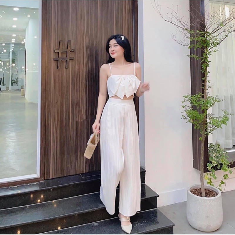 set quần dập li + áo booking nơ 199k